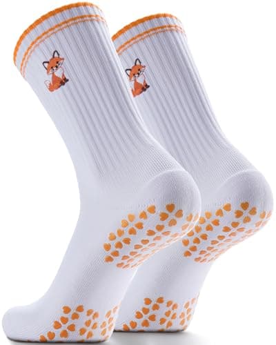 NSRRUN TURTLE Non-Slip Pilates Grip Socks for Women - Embroidery Crew Sock with Sticky Sole, Ideal for Yoga, Workout, & Barre, Large, 2 Pairs -Orange Fox