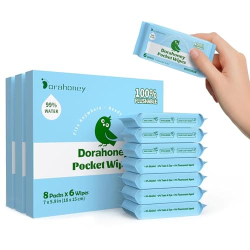 Dorahoney Flushable Wipes Travel Size, 99% Water Mini Wet Wipes for Sensitive Skin, Hypoallergenic & Unscented On The Go Pocket Wipes, 144 Count (24 Packs of 6)