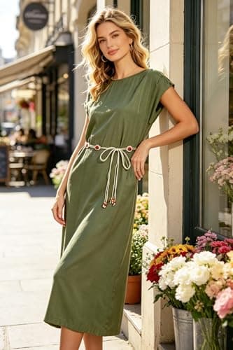 Women Army Green Cap Sleeve Split Shift Office Decorative Waist Chain Dress - Thumbnail 3