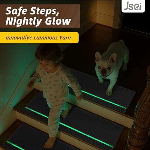 JSEI Stair Treads for Wooden Steps Indoor with Glow in The Dark Stripe, 4 Pack 9" X 28" Non-Slip Washable Carpet Stair Mats with TPE Backing, Polyester Stair Rugs for Kids Elders & Pets, Dark Grey - Thumbnail 2