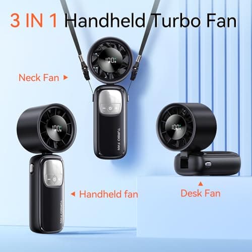 KIMMOO 3-in-1 Portable Handheld Turbo Fan-100 Speeds, 15000 RPM, 10Hrs Cooling, LED Display, 90° Rotation, Small Travel Fan, Mini Foldable Hand Held Personal Fan for Women Men (Black) - Thumbnail 4