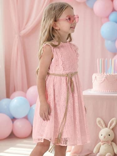 ALLOVIN Toddler and Girls Vintage Boho A-Line Lace Dress with Belt Pom Pom Trim Birthday Party Dress | Pink | 6-7Y - Thumbnail 5
