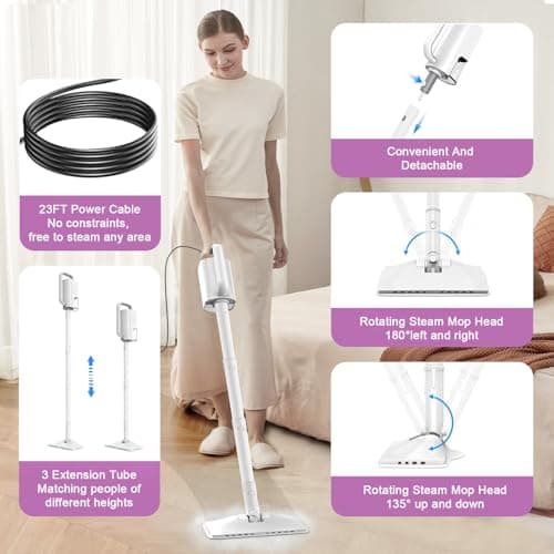 6-in-1 Steam Mop, 1200W Rotated Steam Cleaner for Home, 2 Modes, 400ML Removable Tank, 23FT Power Cord, 2 Pads, Multi-Surface Steamer for Hard Floor, Laminate Floor, Tiles Cleaning (Lunar Halo) - Thumbnail 3