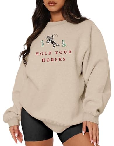 MAPICK Western Oversized Sweatshirts for Women Fall Winter Fleece Warm Long Sleeve Sweaters Trending Clothes(Light Khaki,Small) - Image 1