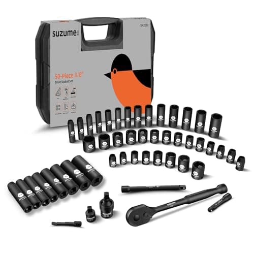 SUZUME 3/8 Impact Socket Set, Cr-V Steel, 6 Point, 3/8" Drive, 50-Piece Standard Metric (8-22mm) and SAE (5/16-Inch to 3/4-Inch) Sockets with Adapters & Ratchet Handle, Extension Bars, Universal Joint