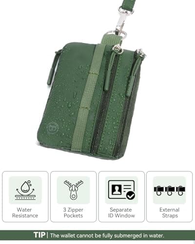 BOSTANTEN Small Wallet RFID, Minimalist Zip ID Case Wallet with Lanyard Keychain, Water Resistant Card Wallets for women & Men, Green - Thumbnail 2