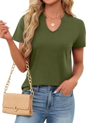 Women's V Neck Cotton T-Shirts Breathable Short Sleeve Tops Lightweight Stretch Summer Tees (Army Green,Medium) - Thumbnail 3