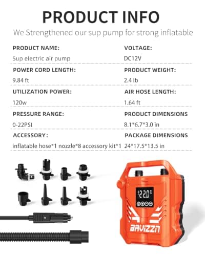 BAVIZZN 22PSI Paddle Board Pump Electric, 12V DC Car Powered SUP Pump with Dual Stage Inflation, Portable Air Pump for Inflatable Paddleboards, Boats, Mattresses & Water Sports Inflatables - Thumbnail 5