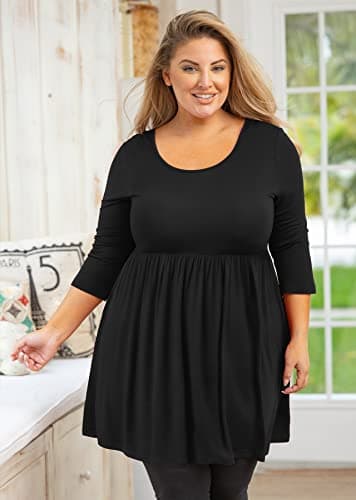 AusLook Plus Size Tops for Women 3/4 Sleeve Black 2X Blouses Crewneck Clothes Tunic Pleated Clothing Flowy Babydoll Summer Fall Winter Maternity Shirts - Thumbnail 2