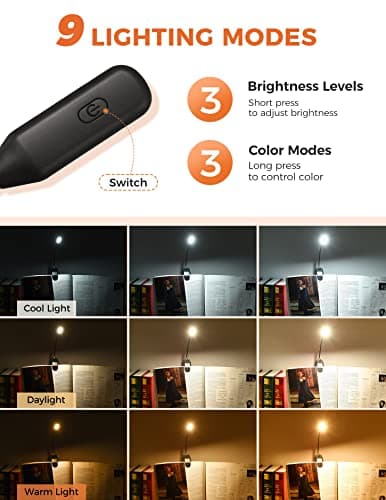 Monotremp Book Lights for Reading at Night in Bed, 80 Hours Runtime Rechargeable Reading Lights for Books in Bed, 3 Brightness Levels × 3 Color Temperatures, 1.3 oz Lightweight - Thumbnail 2