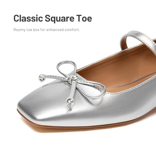 Athlefit Women's Mary Jane Flats Dressy Comfortable Square Toe Slip On Silver Ballet Flats Shoes with Buckle Strap Size 9.5 - Thumbnail 6