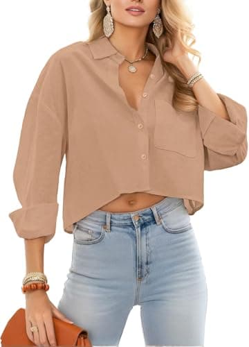 JINKESI Button Down Shirts & Blouses for Women Long Sleeve Slim Fit Office Casual Business with Pocket 100% Cotton Khaki - Image 1