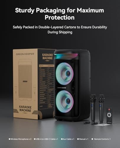 GKD60 Karaoke Machine with 2 Wireless Microphones for Adults, Portable Bluetooth Party Speaker, 500W Peak Power PA System with LED Disco Lights, 6.5'' Speaker Big Sound, 8000mAh Battery for Outdoor - Thumbnail 6