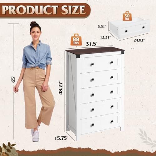 GALAXHERO Farmhouse White TV Stand, 5 Drawer TV Console, Tall Wood Media Console with Double Rustic Handle, Entertainment Center for Living Room, Hallway, Closet - Thumbnail 4