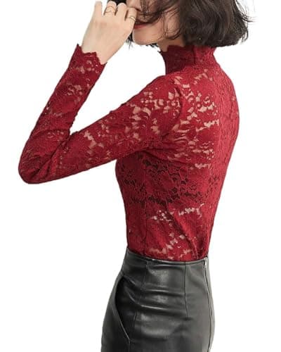 Women's Sexy Lace See Through Blouse Semi Sheer Long Sleeve Mock Neck Top Red XL - Thumbnail 6