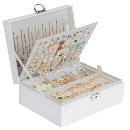 BOOVO Earring Jewelry Box For Women Girl Stud Organizer, 4 Layers Girl Jewelry Organizer Box With Lock Earring Holder Organizer Necklace Ring Jewelry Organizer Box For Girls (White, 4 layer) - Image 1