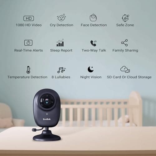 Envilink Upgrade Smart 1080P WiFi Baby Camera with APP, Video Baby Monitor with Camera and Audio, Cry Detection, Sleep Report, Night Vision, 2-Way Talk, 8 Lullabies Cloud Storage, Share to Family - Thumbnail 2