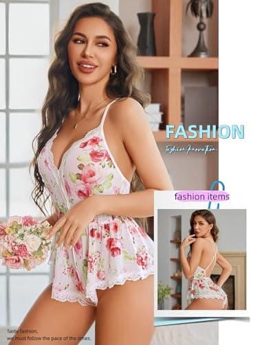 Avidlove Women's Summer Nightwear Sexy V-neck Romper Sleepwear Floral Print Lingerie White Floral L - Thumbnail 3