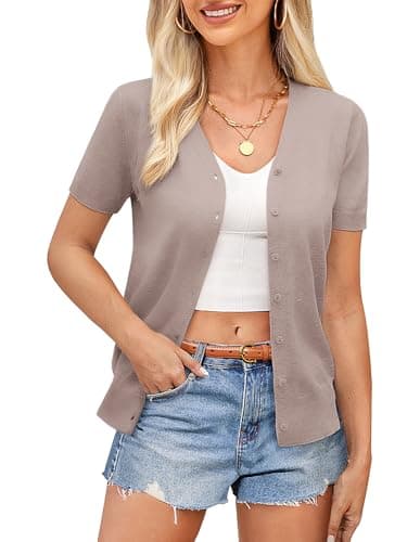 GRACE KARIN Summer Cardigan Sweater for Women Lightweight Cardigan Sweater V-Neck Short Sleeve Cropped Sweater(Khaki,2XL) - Image 1