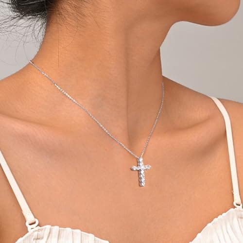 Juvux Cross Necklaces for Women 925 Sterling Silver 18K Gold Plated Cubic Zirconia Cross Pendant Necklace Simple Jesus Cross Necklace Cute Simulated Diamond Jewelry Minimalist Easter Gift (Silver) - Thumbnail 5