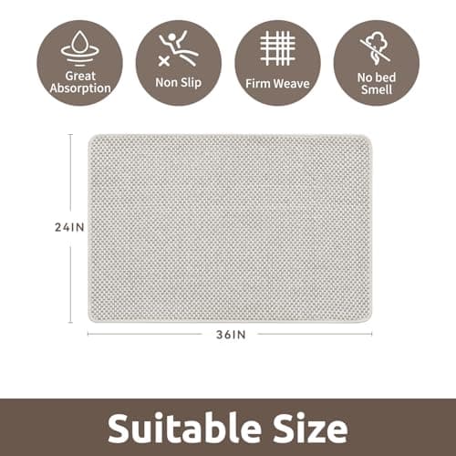 AMOAMI Chenille Bath Mat Super Absorbent Bathroom Mat Quick Dry Bath Mats for Bathroom Rubber Backed Bathroom Rugs Non Slip Washable Fit Under Door, Front of Bathtub, Sink, Beige&White 24"x36" - Thumbnail 2