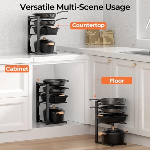 MUDEELA Pots and Pans Organizer under Cabinet 15.75" Tall, 4-Tier Heavy Duty Pan Organizers inside Cabinet Kitchen Storage, Adjustable Pot Rack Holds up to 88 LB Cast Iron Skillets Shallow Cookware - Thumbnail 6