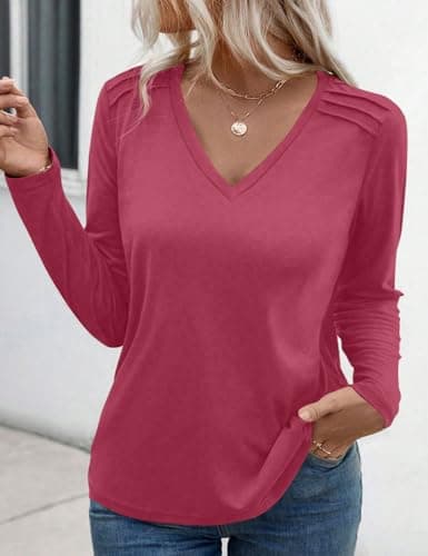 JUSTFASHIONNOW Pleated Long Sleeve Shirts for Women V Neck Dressy Casual Business Blouses Fall Tops 2025 Trendy(Red,Medium) - Thumbnail 3
