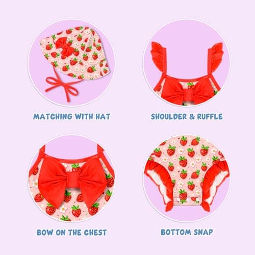NikNio One Piece Sleeveless Newborn Infant Girl Swimwear Baby Girl Bathing Suit One Piece with Hat Red Strawberry 6-12 Months - Thumbnail 3