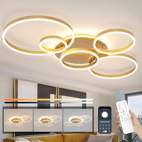 Modern LED Ceiling Light Gold Flush Mount Ceiling Light Dimmable Dining Room Light Fixtures with Remote 5 Rings Acrylic Kitchen Lighting Fixtures Ceiling Lamp for Living Room Bedroom (Gold, 5 Rings) - Image 1