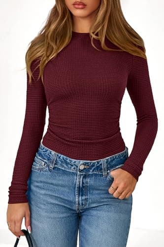 PRETTYGARDEN Womens Tops 2026 Spring Long Sleeve Fitted T Shirts Waffle Ruched Crop Shirt Basic Knit Workout Y2k Clothes(Dark Wine Red,X-Small) - Thumbnail 2