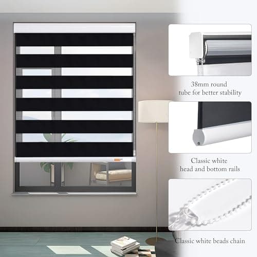 GHV Zebra Blinds for Windows Corded Blackout Dual Layer Privacy Shades Light Control for Day and Night Home Office (Black, 31 in (W) x 64 in (H)) - Thumbnail 2