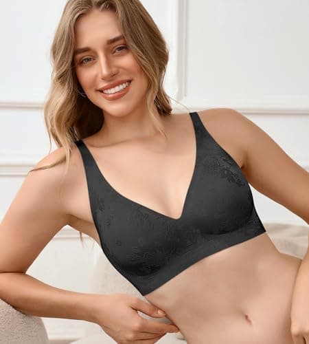 DEANGELMON Bras for Women No Underwire Seamless Wireless V Neck Comfort Bra Back Smoothing T-Shirt Bras (1P1,XL) Black - Thumbnail 2