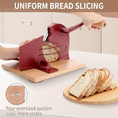 CAWIU Manual Bread Slicer with Hand Crank- Adjustable Thickness Bread Cutter for Even Slices, Perfect for Homemade Sourdough, Sandwich, and More, Red - Thumbnail 5