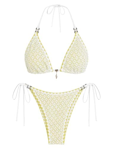 ZAFUL Womens 2 Piece Triangle Bikini Hollow Out Halter Bikini Sets Sexy Bathing Suit High Waisted Side Tie Swimsuits 1-Yellow L - Image 1