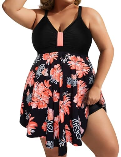 Hanna Nikole One Piece Swimdresses for Curvy Women Cute Color Block Swimwear Flattering Swim Suits Orange Floral 2XL - Image 1