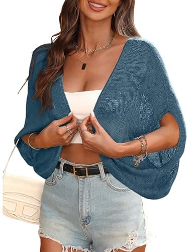 BB&KK Women's Bolero Shrug Summer Short Sleeve Crochet Lightweight Cropped Cardigans Gray Blue S - Image 1