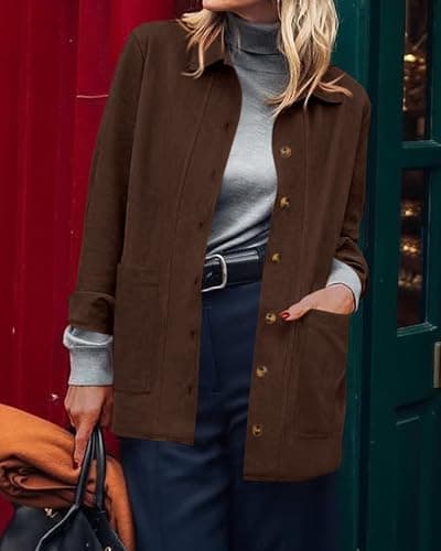 BTFBM Faux Suede Jacket Women Fall Fashion 2026 Leather Jackets Long Sleeve Button Down Winter Coats Shackets Outerwear(Coffee, Medium) - Thumbnail 6