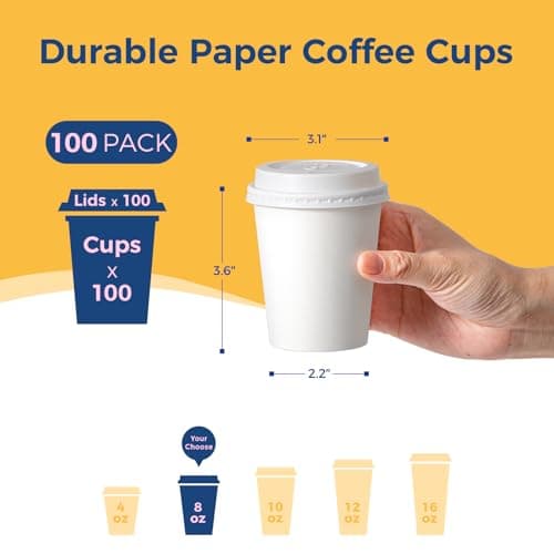 Fit Meal Prep 100 Pack 8 oz Disposable Coffee Cups with Lids, Premium Paper To Go Cups for Hot/Cold Beverages, Leak Proof Travel Cups for Cold/Hot Beverage, Office (White Lids) - Thumbnail 2