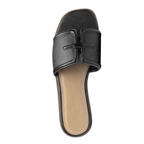 Athlefit Black Flat Sandals for Women Dressy Square Open Toe Comfortable Slip On Summer Beach Slide Sandals Size 10 - Thumbnail 4