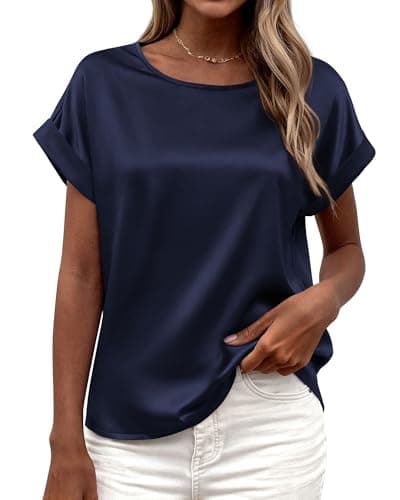 BTFBM Womens Summer Tops Satin Blouses Dressy Casual Loose Crewneck Short Sleeve Shirts 2026 Work Business Outfits(Navy, XX-Large) - Image 1