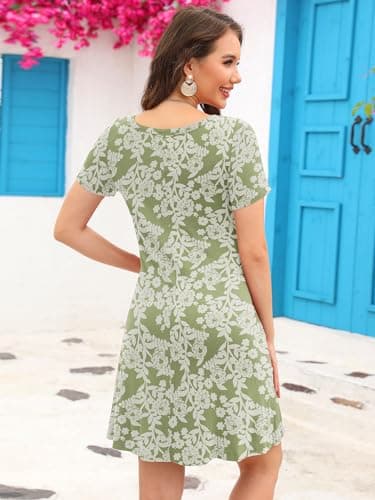 KORSIS Summer Dress for Women Casual T-Shirt Dresses Swing Flowy Beach Vacation Floral Print Sundress with Pockets Green Rose M - Thumbnail 5
