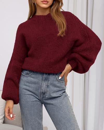 BTFBM Sweaters for Women Fall 2026 Crew Neck Lantern Long Sleeve Oversized Sweater Casual Knit Winter Pullover Tops(Wine Red, X-Large) - Thumbnail 5