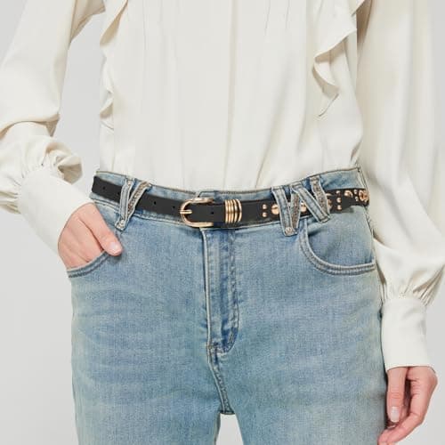 EONTISO Women Studded Leather Belt for Jeans, Punk Fashion Gold Rivets, Skinny Gold Black M - Thumbnail 2