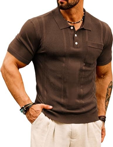 GRACE KARIN Mens Retro Polo Shirt Short Sleeve Coffee Knit Polo Shirts Casual Breathable Waffle Texture Knitted Polo Shirts L - Image 1