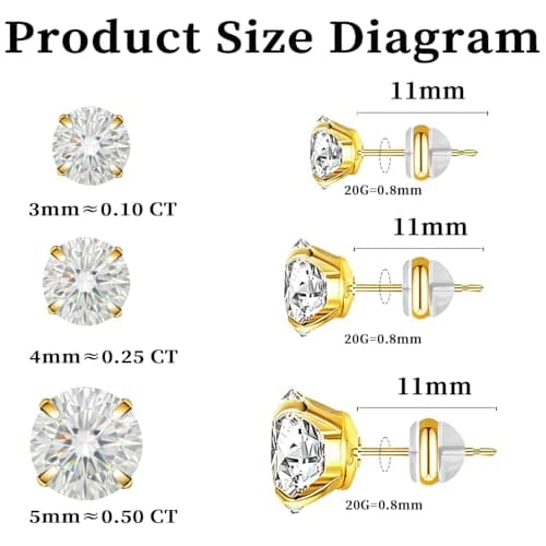 3 Pairs Moissanite Stud Earrings in 14K Gold Plated Titanium | HypoAllergenic Earrings for Women & Men (Gold 3/4/5mm) - Thumbnail 5