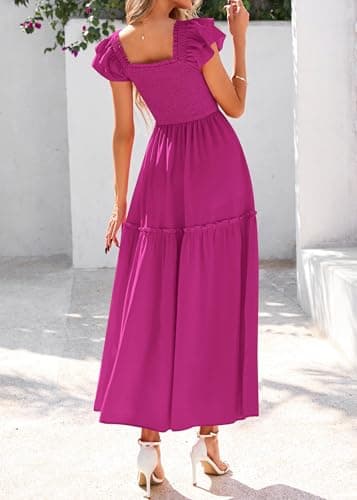 KIRUNDO Smocked Summer Dresses for Women 2026 Wedding Guest Midi Flowy Ruffle Short Sleeve Square Neck Tiered Sundress(Rose Red, XX-Large) - Thumbnail 2
