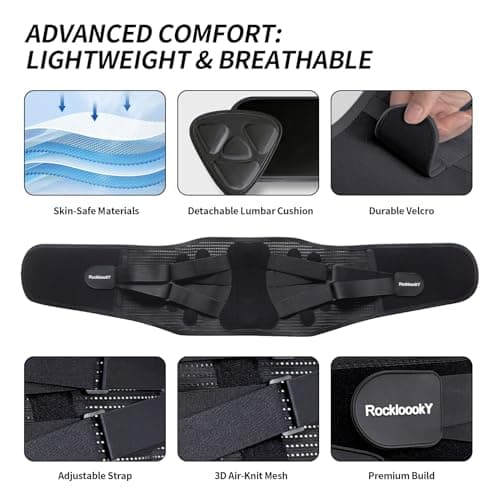 RockloookY Lower Back Brace for Women Men, Adjustable Lumbar Support with 3D Pad, Breathable Ergonomic Support Belt with Metal Stays for Work, Lifting, Drive, Black,Size XL,Waist 45"-52" - Thumbnail 4