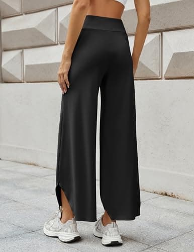 LOOKBOHO Women's Wide Leg Pants Flowy High Waist Palazzo Lounge Pant Loose Casual Stretch Yoga Pants with Pockets Black L - Thumbnail 5