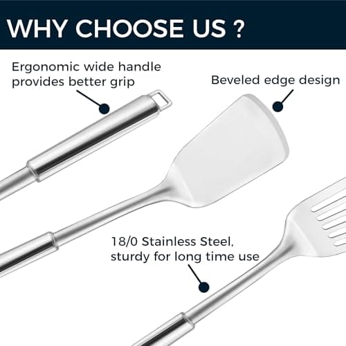 MUJINON 14.5-in Stainless Steel Spatula Set, 18/0 SS Heavy Duty Turner & Slotted Spatula for Kitchen Use, Cast Iron Grilling Frying, Pack of 2 - Thumbnail 4