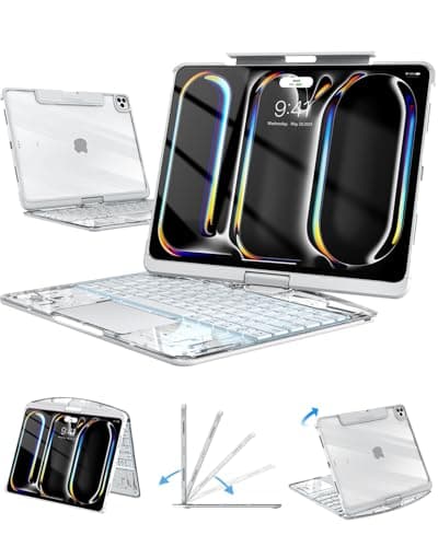 Auupgo Clear Keyboard Case for iPad Pro 13 inch (M5/M4, 2025/2024), Transparent Protective Cover with 7-Color Backlit Keyboard, 360° Rotating Stand, Multi-Touch Trackpad and Pencil Holder, White - Image 1